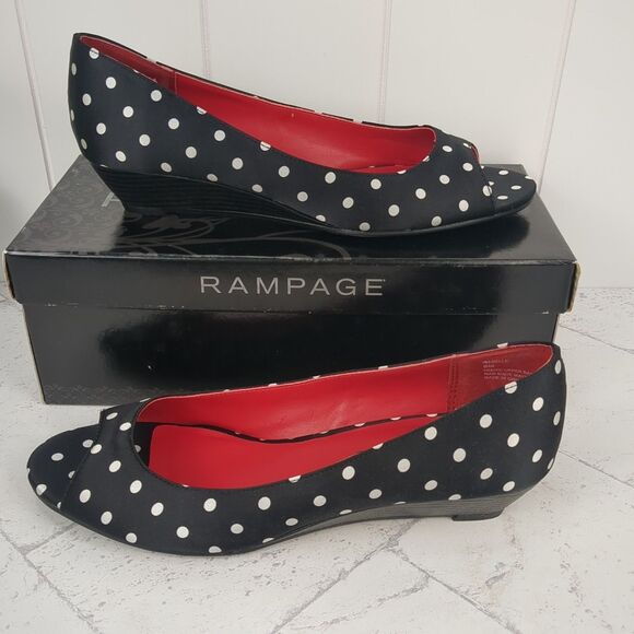 Polka Dot Black And White Peep Toe Wedge Heel Size 8M Rampage NIB Rockabilly - Picture 5 of 8